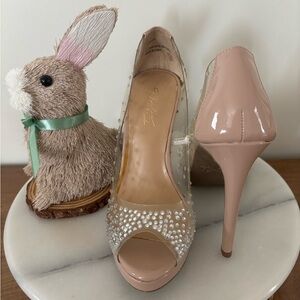 Thalia Sodi Blush Peep-Toe Heels with Rhinestones